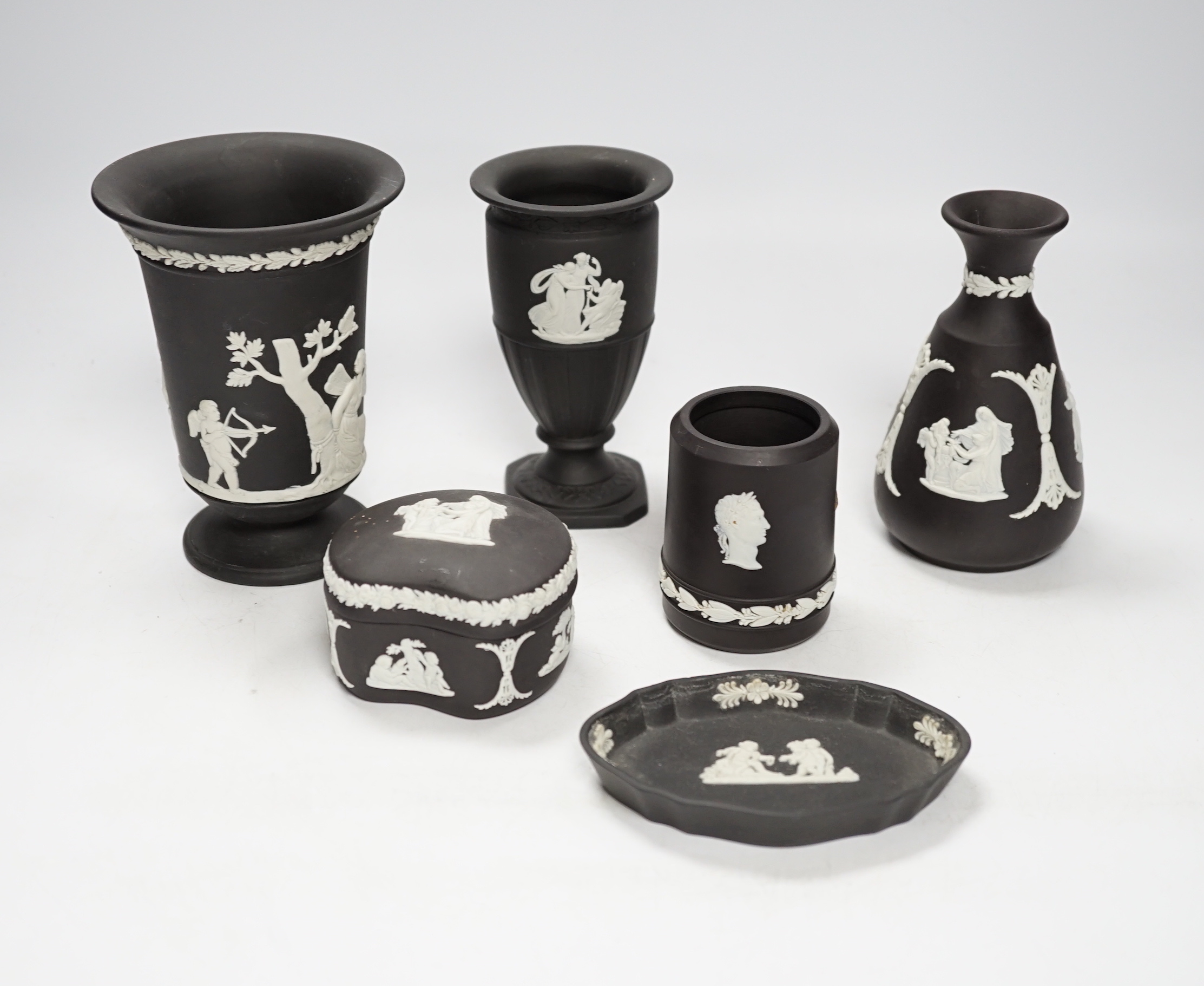 A collection of Wedgwood basalt jasperware, tallest 13.5cm